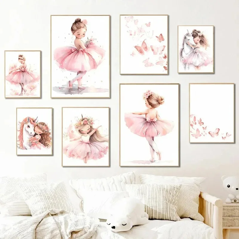Baby Nursery Girl - Pink Ballerina Girl Unicorn Butterfly Poster