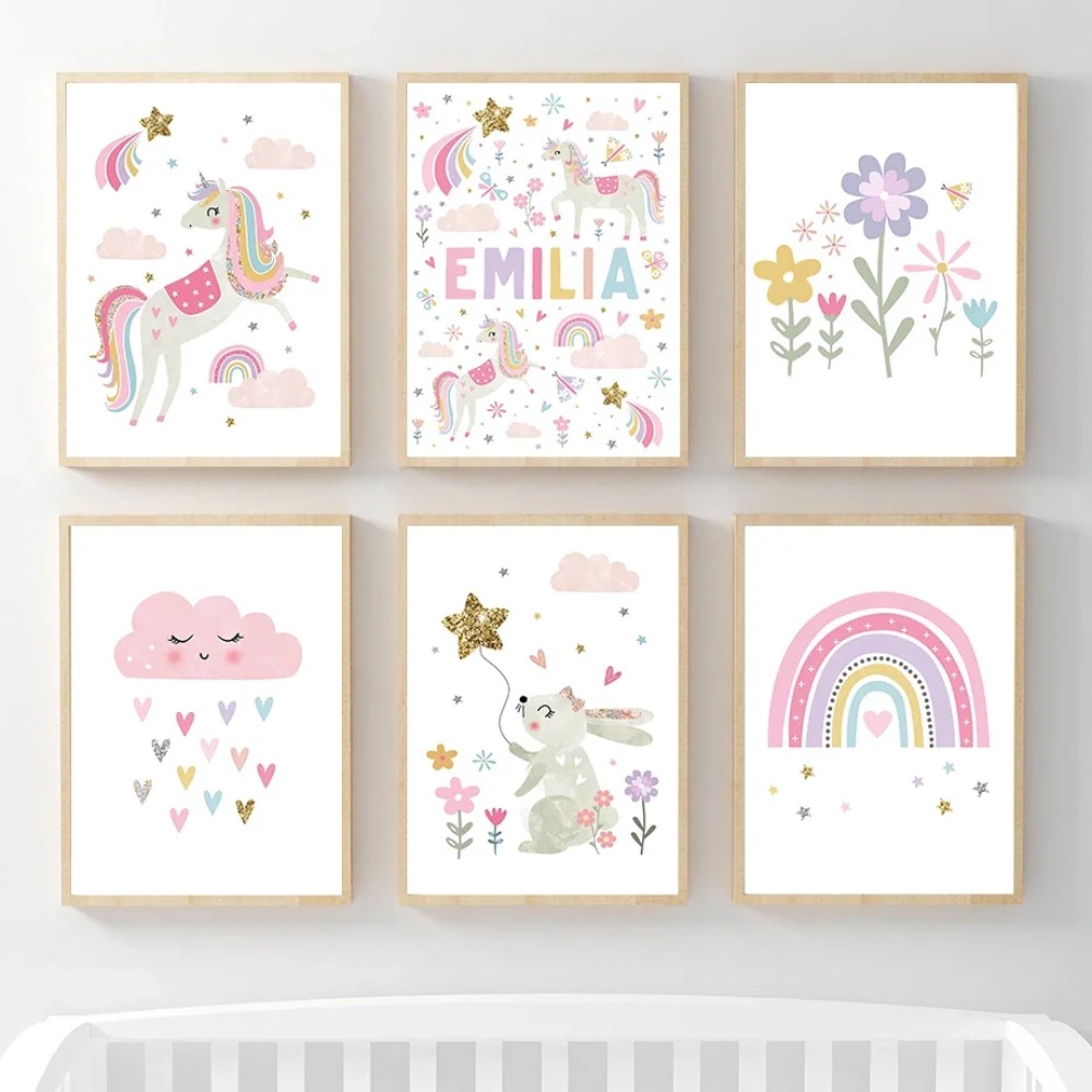 Baby Nursery Girl - Pink Unicorn Rabbit Rainbow Cloud Flower