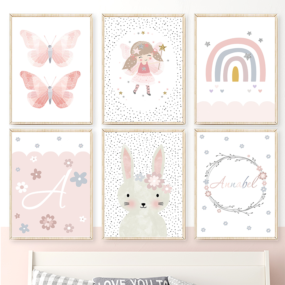 Baby Nursery Girl - Cute Girl Rabbit Flower Butterfly Rainbow