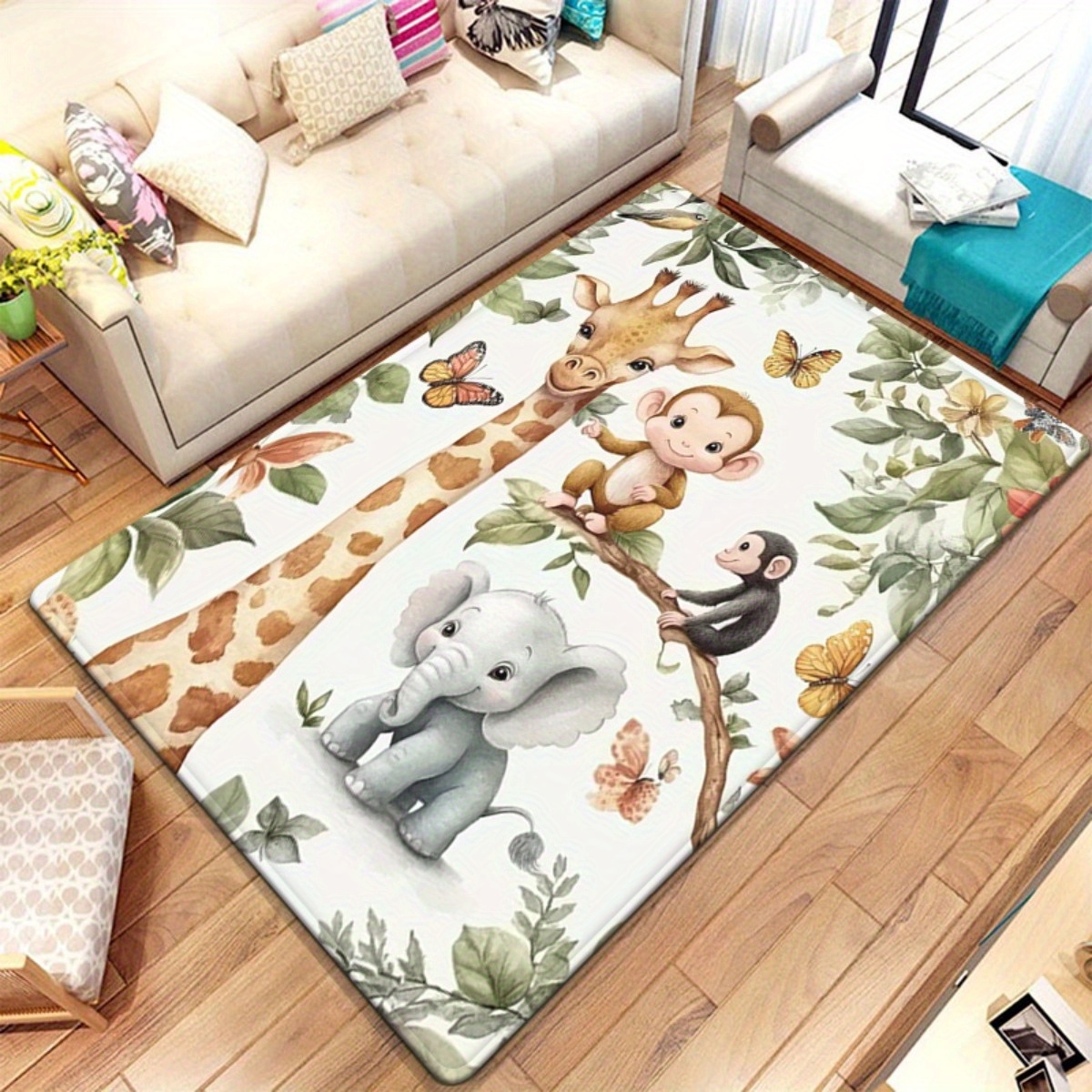 Watercolor Animal Jungle Print - Baby Nursery Jungle Rug ulasan dan harga